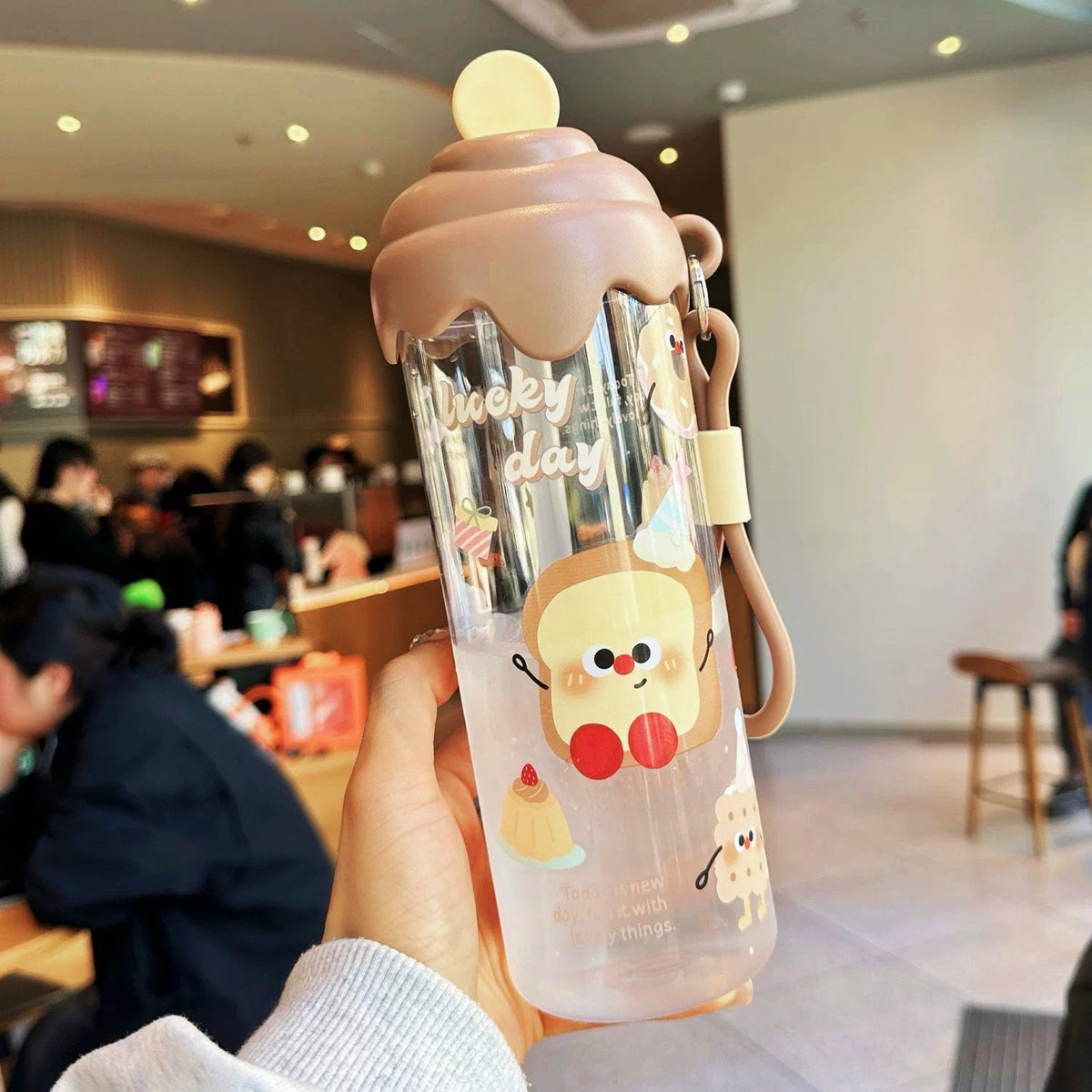 Kawaii Silicone-Topped Reusable Water Bottle with Carry Strap and Cute Dessert Print