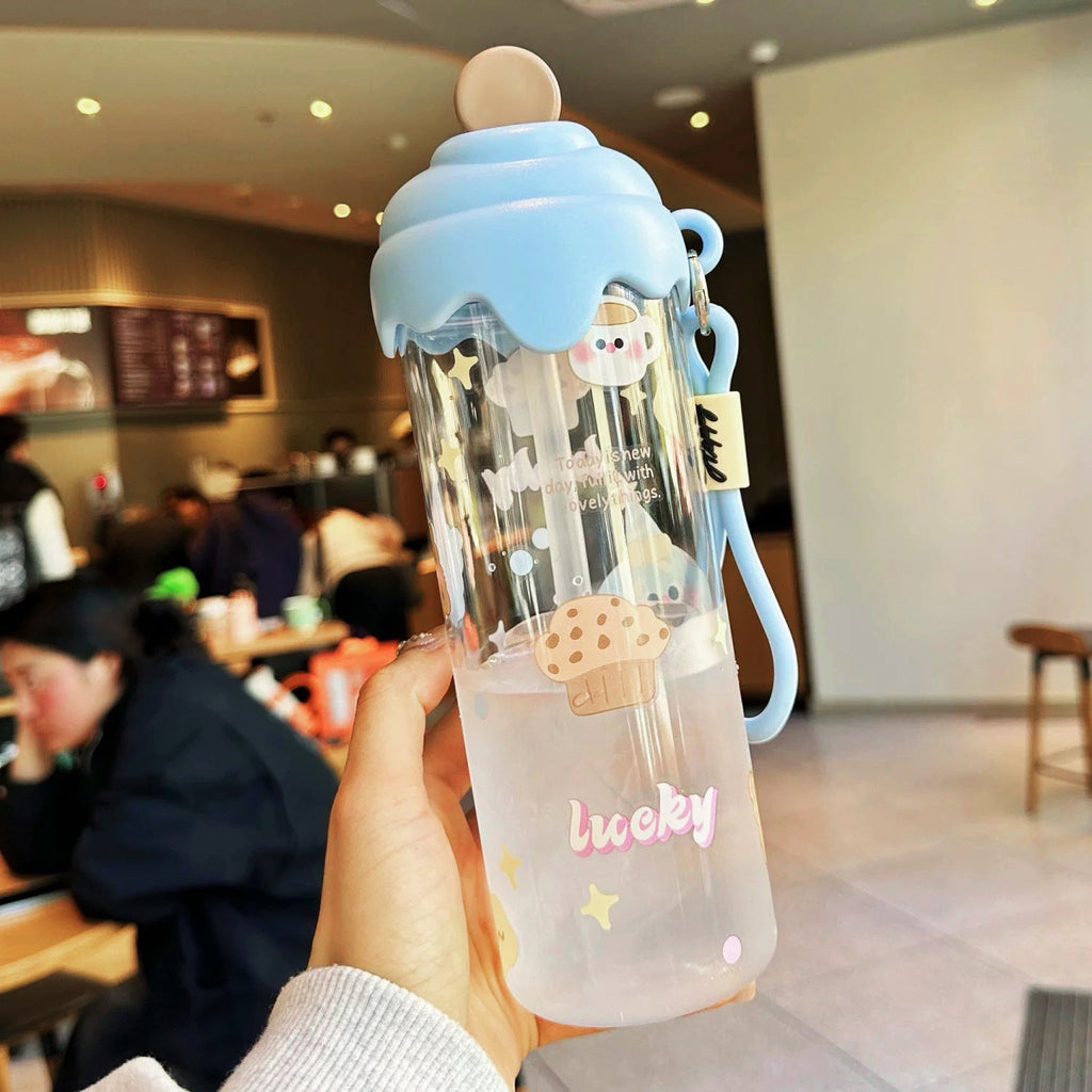 Kawaii Silicone-Topped Reusable Water Bottle with Carry Strap and Cute Dessert Print