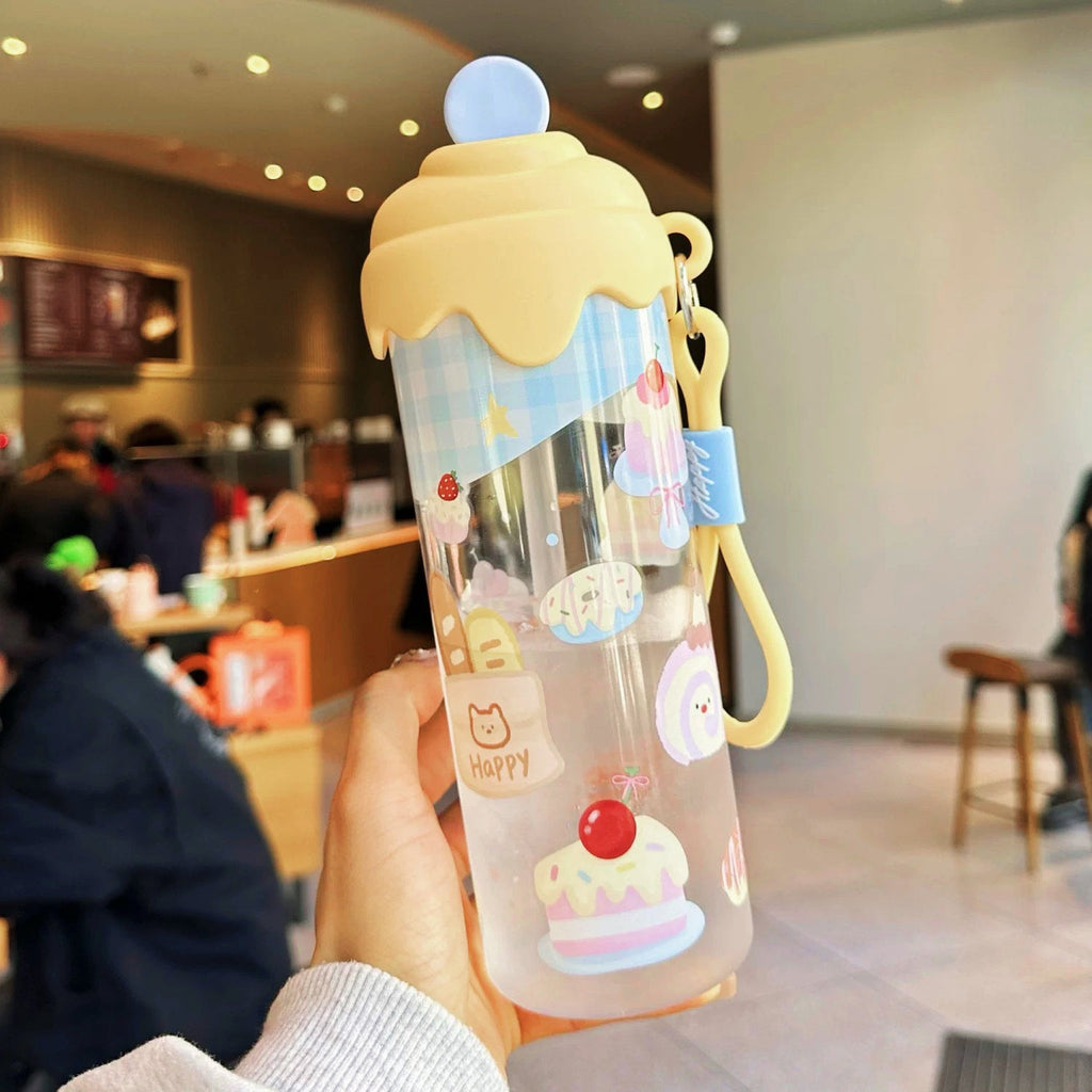 Kawaii Silicone-Topped Reusable Water Bottle with Carry Strap and Cute Dessert Print