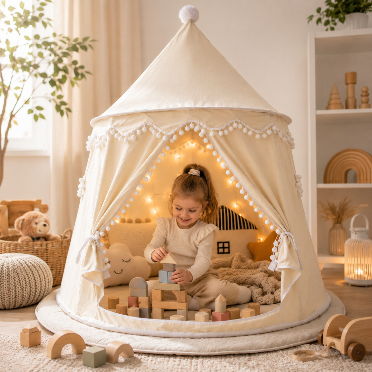 Kids Canvas Play Teepee Tent, 100% Cotton, Pine Poles, Spacious