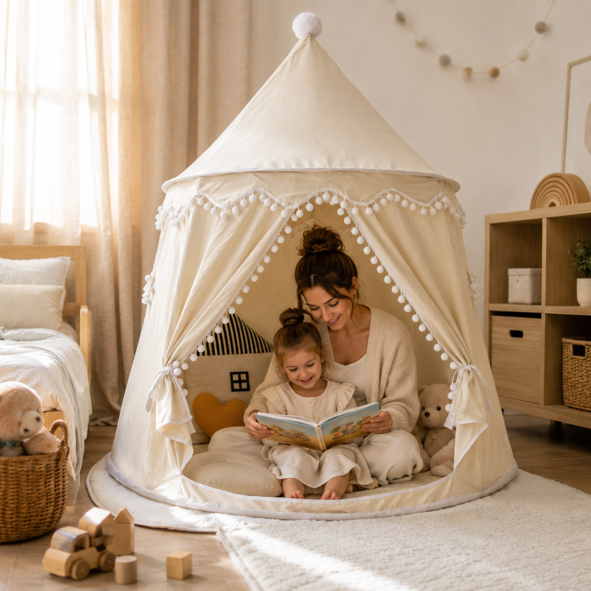 Kids Canvas Play Teepee Tent, 100% Cotton, Pine Poles, Spacious