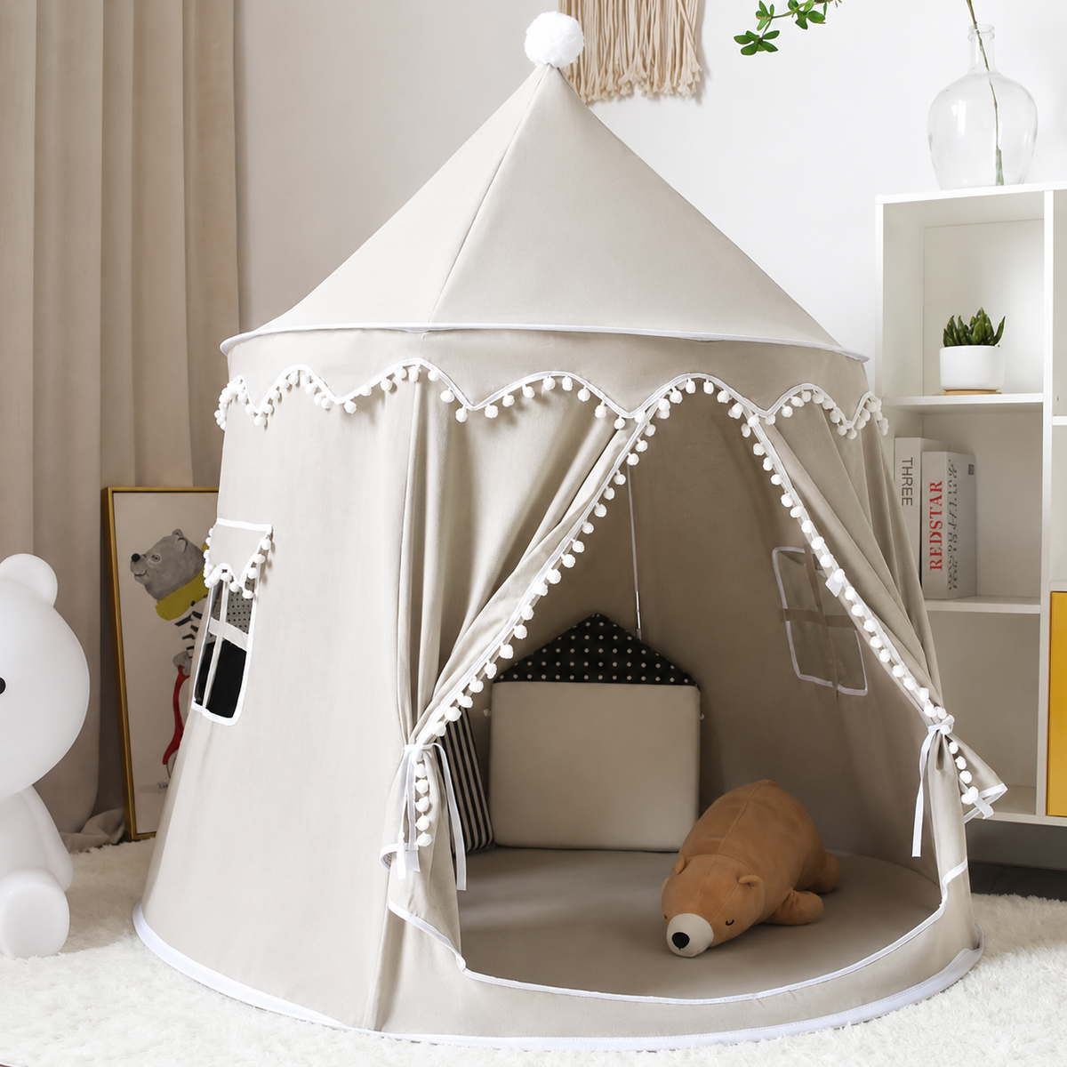 Kids Canvas Play Teepee Tent, 100% Cotton, Pine Poles, Spacious