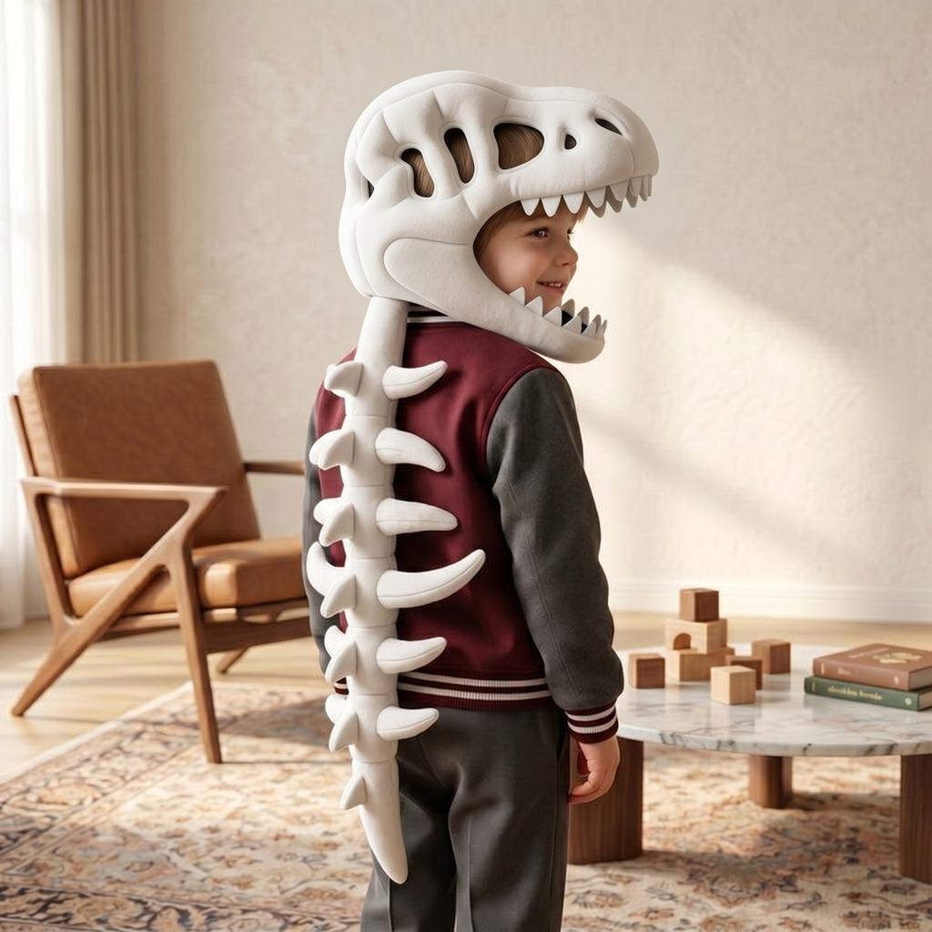 Kids Dinosaur Skull Plush Hood – Skeleton Spine Dress-Up
