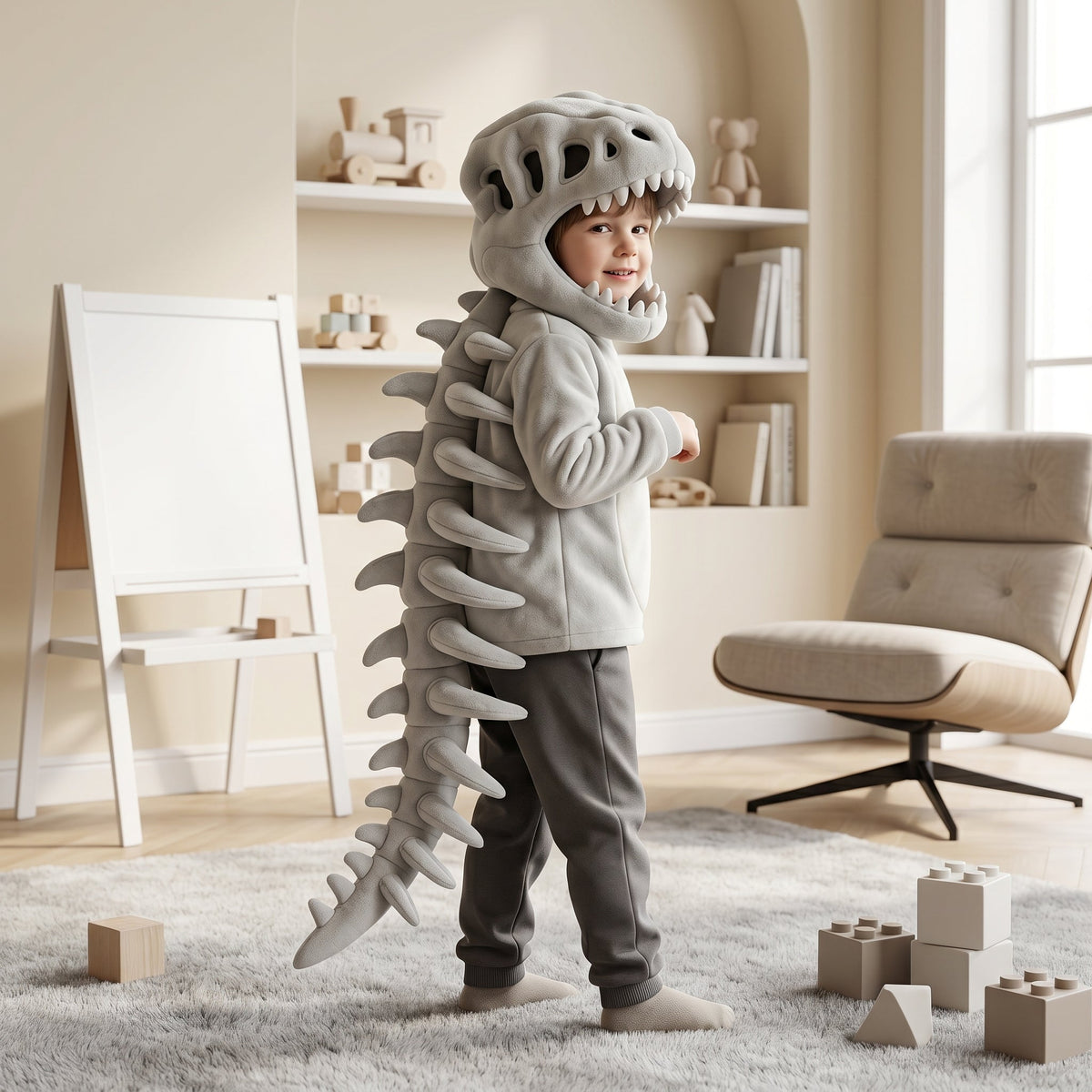 Kids Dinosaur Skull Plush Hood – Skeleton Spine Dress-Up
