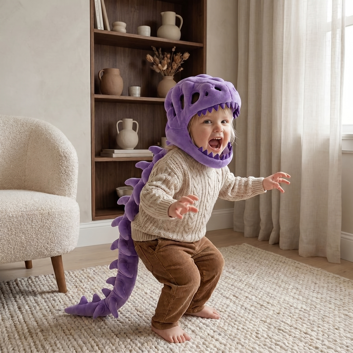 Kids Dinosaur Skull Plush Hood – Skeleton Spine Dress-Up