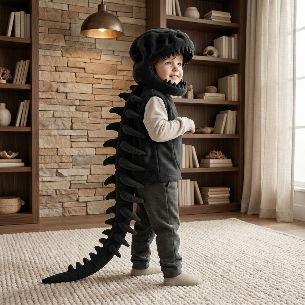 Kids Dinosaur Skull Plush Hood – Skeleton Spine Dress-Up