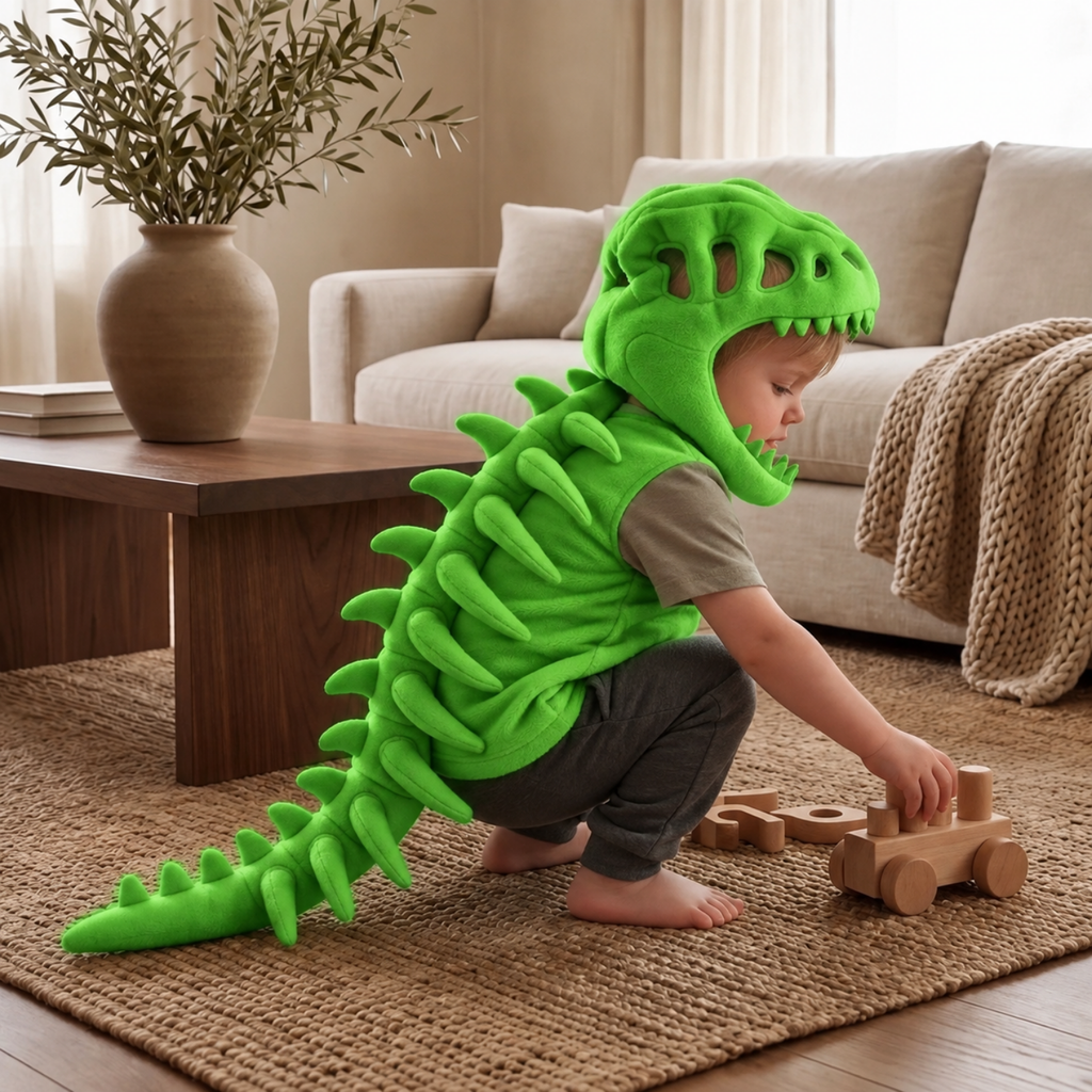Kids Dinosaur Skull Plush Hood – Skeleton Spine Dress-Up