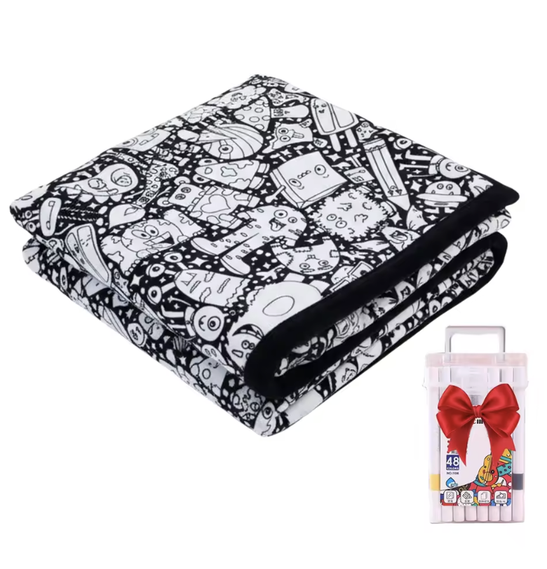 Kids DIY coloring blanket, soft plush fabric, washable & reusable