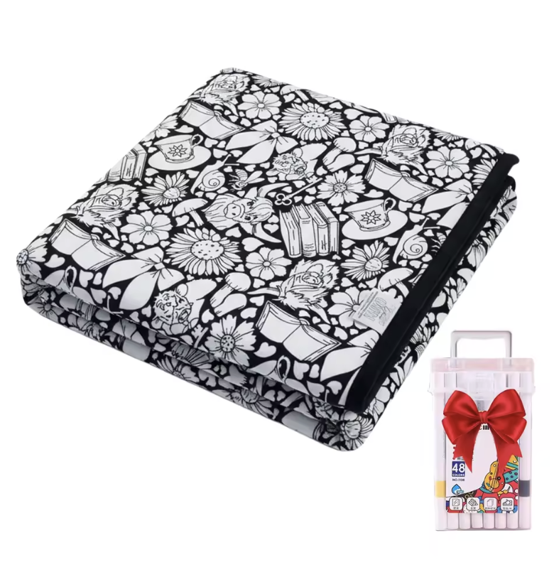 Kids DIY coloring blanket, soft plush fabric, washable & reusable