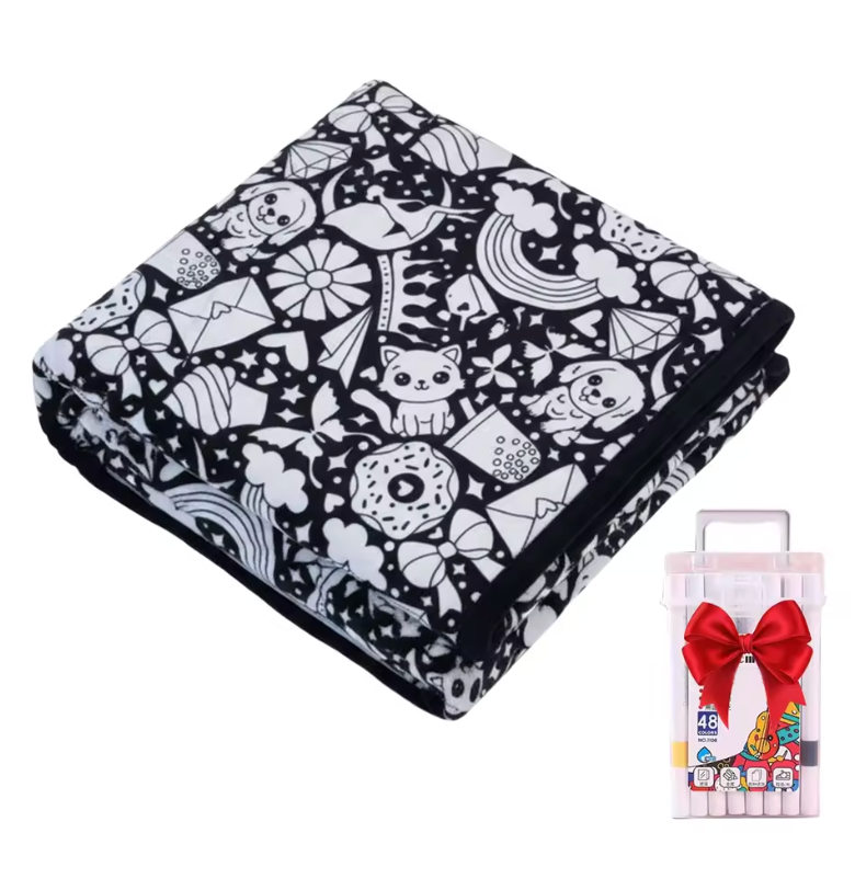 Kids DIY coloring blanket, soft plush fabric, washable & reusable