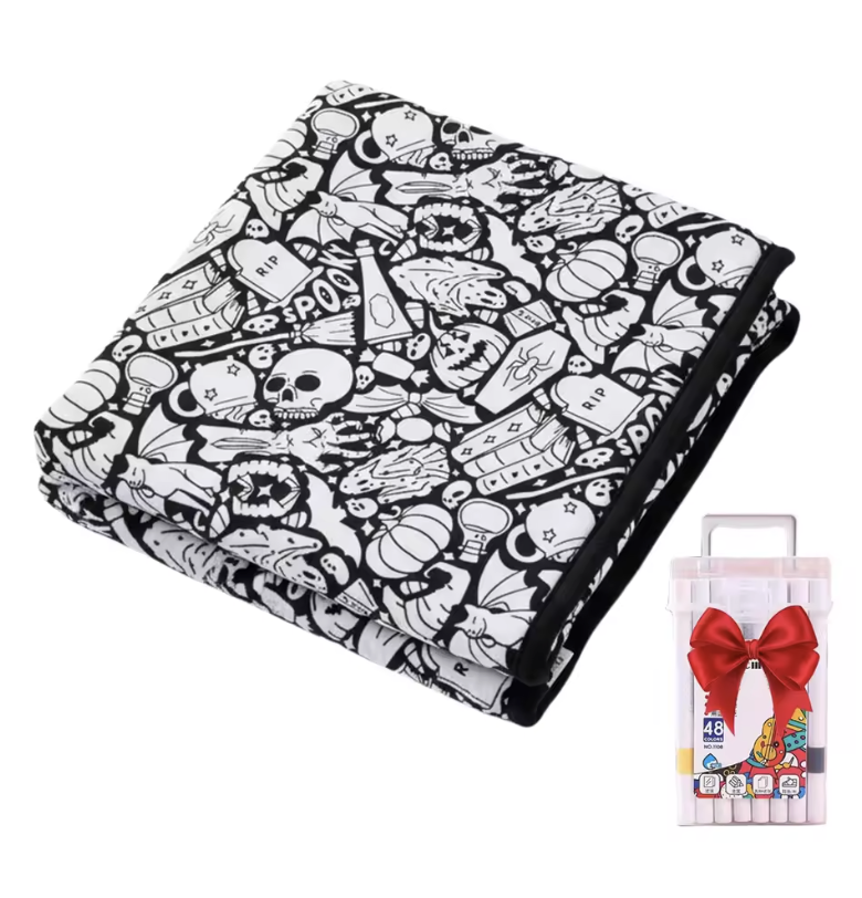Kids DIY coloring blanket, soft plush fabric, washable & reusable