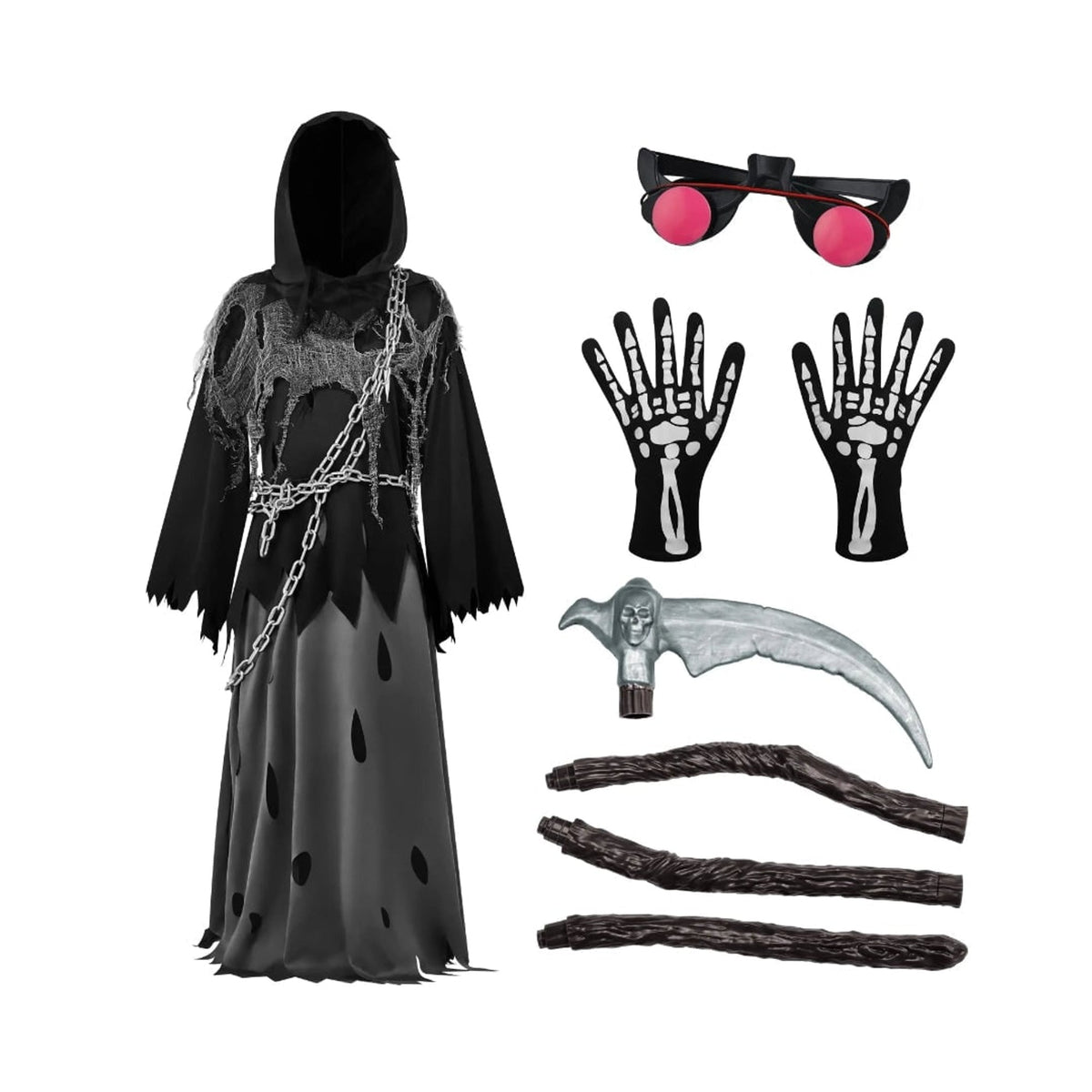 Kids Halloween Costume Grim Reaper Hooded Robe Set With Glowing Eyes