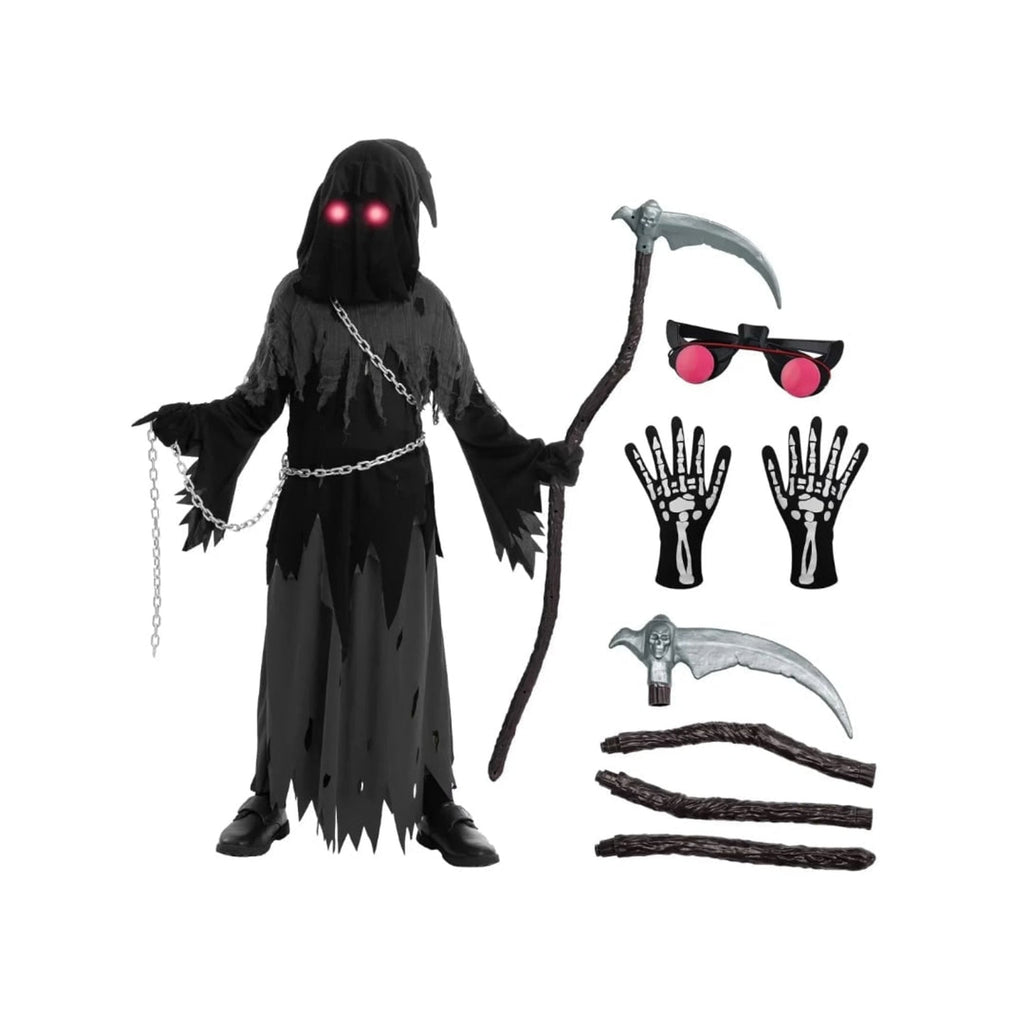 Kids Halloween Costume Grim Reaper Hooded Robe Set With Glowing Eyes