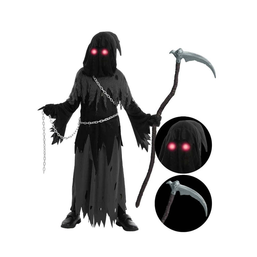 Kids Halloween Costume Grim Reaper Hooded Robe Set With Glowing Eyes
