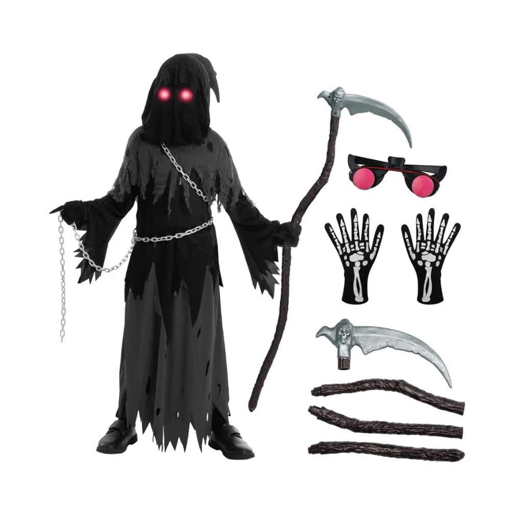 Kids Halloween Costume Grim Reaper Hooded Robe Set With Glowing Eyes