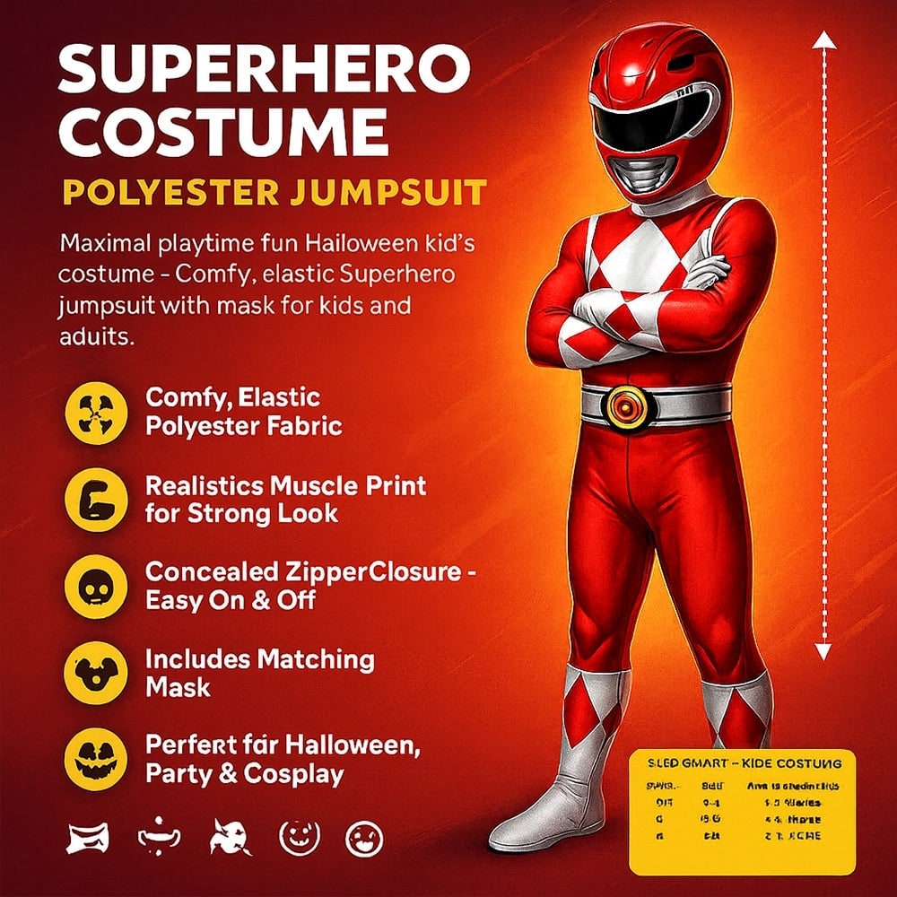 Kids Superhero Costume with Mask – Stretchy Full-Body Jumpsuit for Halloween & Dress-Up
