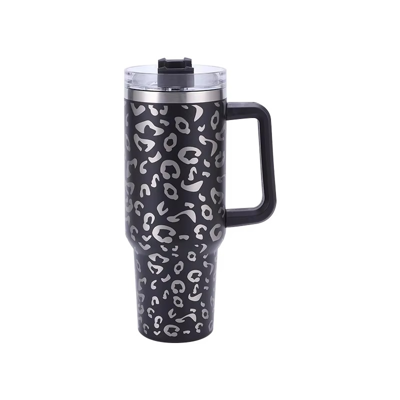 Leopard Print Insulated Tumbler with Handle and Straw 40oz Stainless Steel