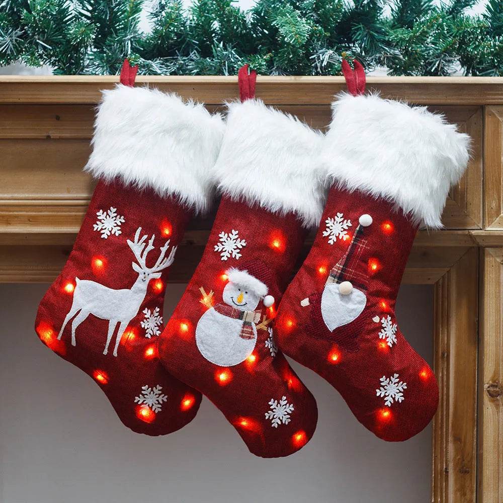 Light-Up Christmas Stocking Gift Bag with Embroidered Burlap Design