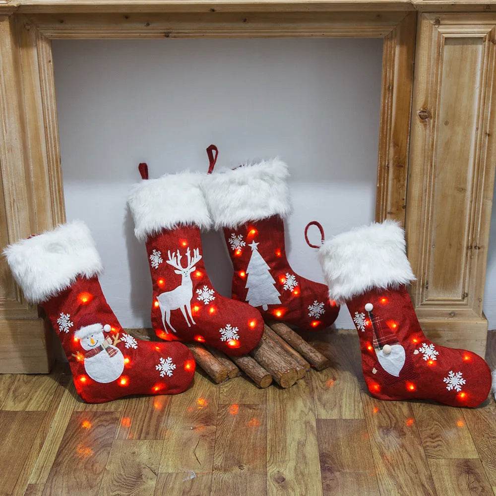 Light-Up Christmas Stocking Gift Bag with Embroidered Burlap Design