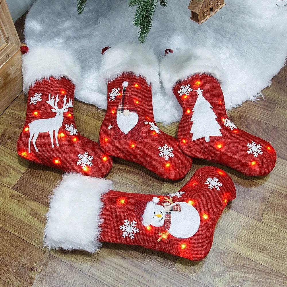 Light-Up Christmas Stocking Gift Bag with Embroidered Burlap Design