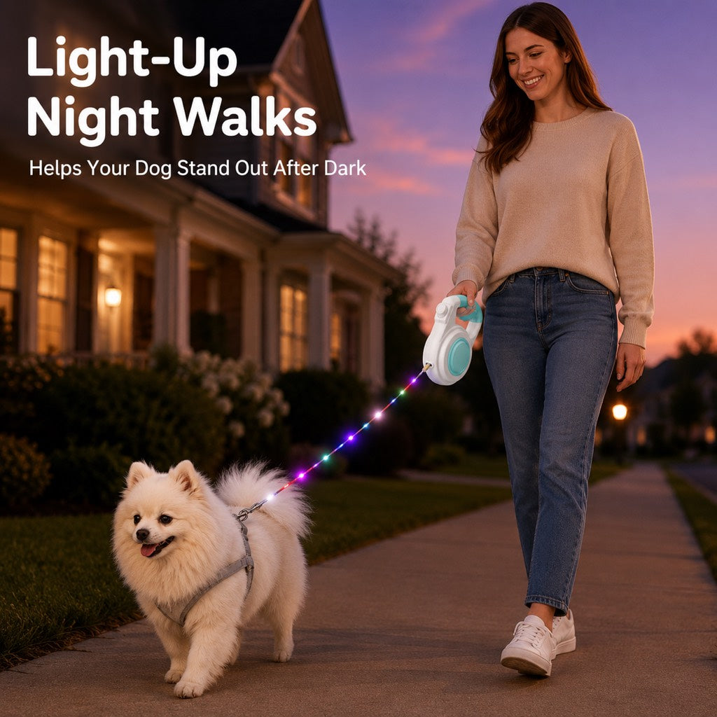 Rechargeable Light-Up Retractable Dog Leash for Night Walks - Helps Small Dogs Stay Visible & Easy to Control