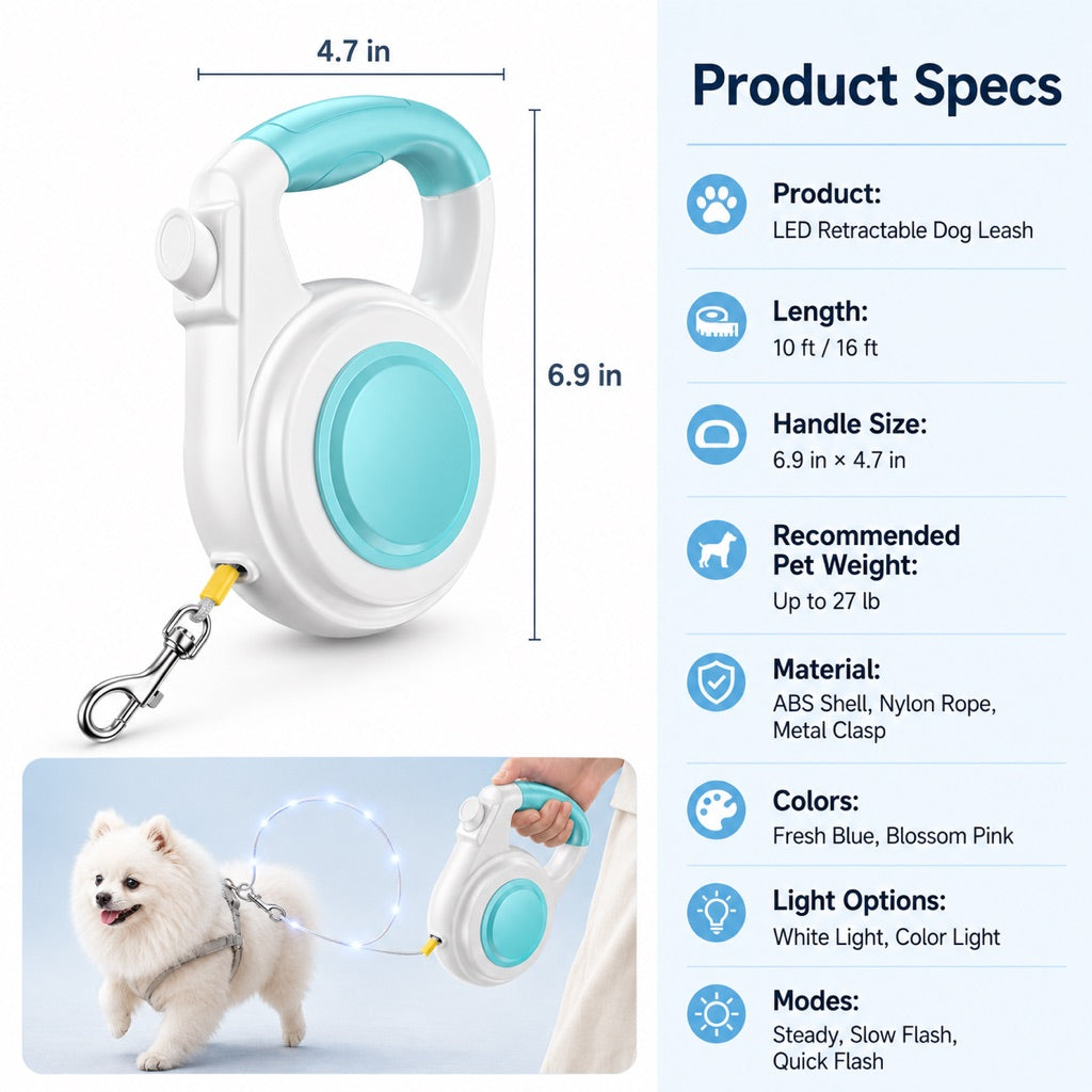 Rechargeable Light-Up Retractable Dog Leash for Night Walks - Helps Small Dogs Stay Visible & Easy to Control