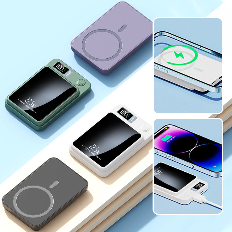 Magnetic power bank, 15 W wireless charging and 22.5 W fast wired charging, LED display, 10000 or 20000 mAh, 4 colors