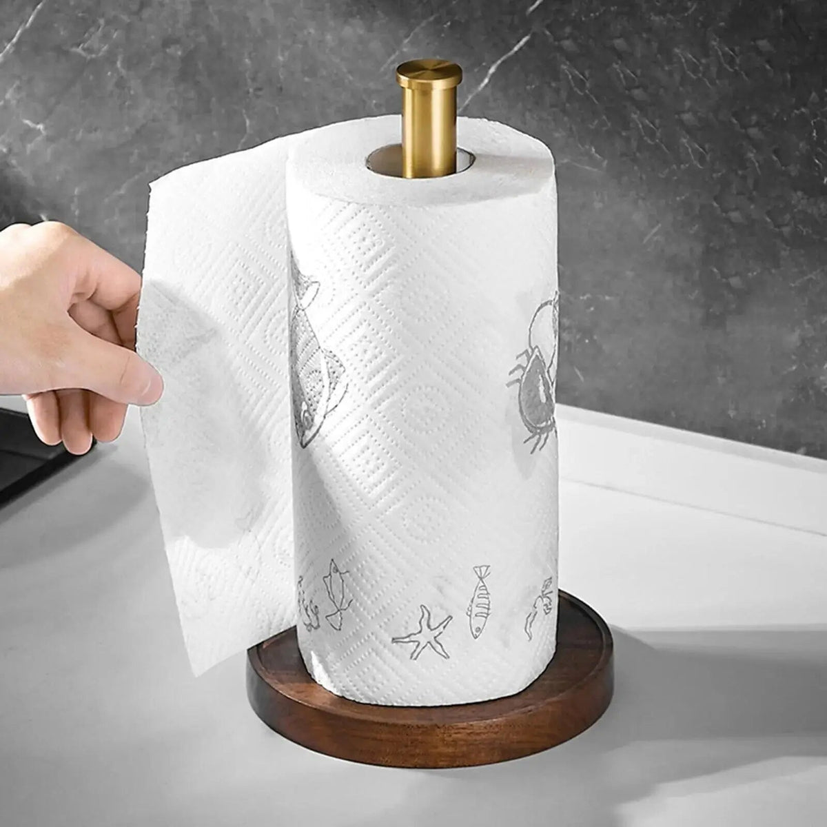 Marble paper towel holder with gold accents