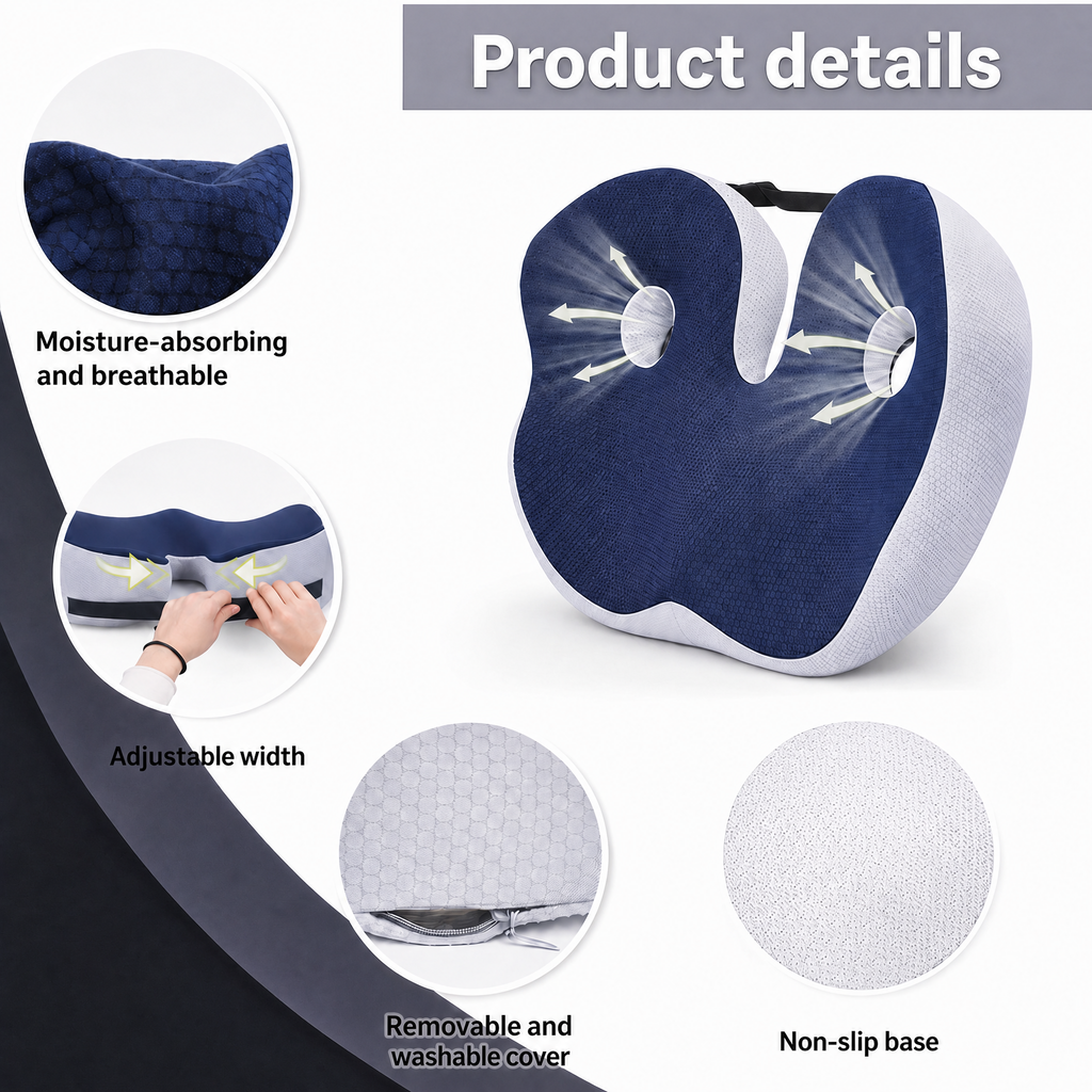 Memory Foam Seat Cushion, Ergonomic Chair Cushion with Coccyx Cut-Out, Washable Cover and Non-Slip Base, 16.9 x 14.2 x 3