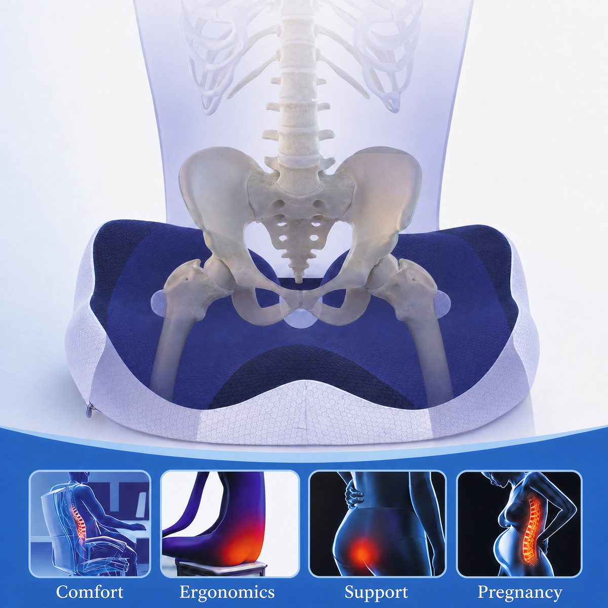 Memory Foam Seat Cushion, Ergonomic Chair Cushion with Coccyx Cut-Out, Washable Cover and Non-Slip Base, 16.9 x 14.2 x 3