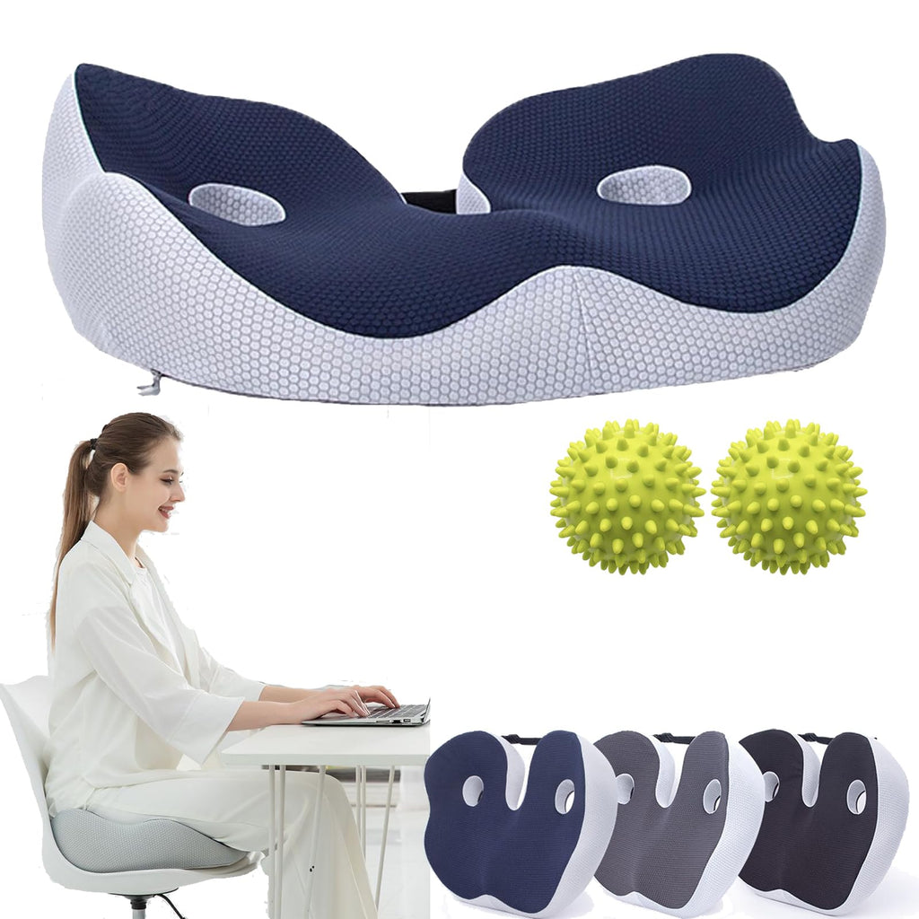 Memory Foam Seat Cushion, Ergonomic Chair Cushion with Coccyx Cut-Out, Washable Cover and Non-Slip Base, 16.9 x 14.2 x 3