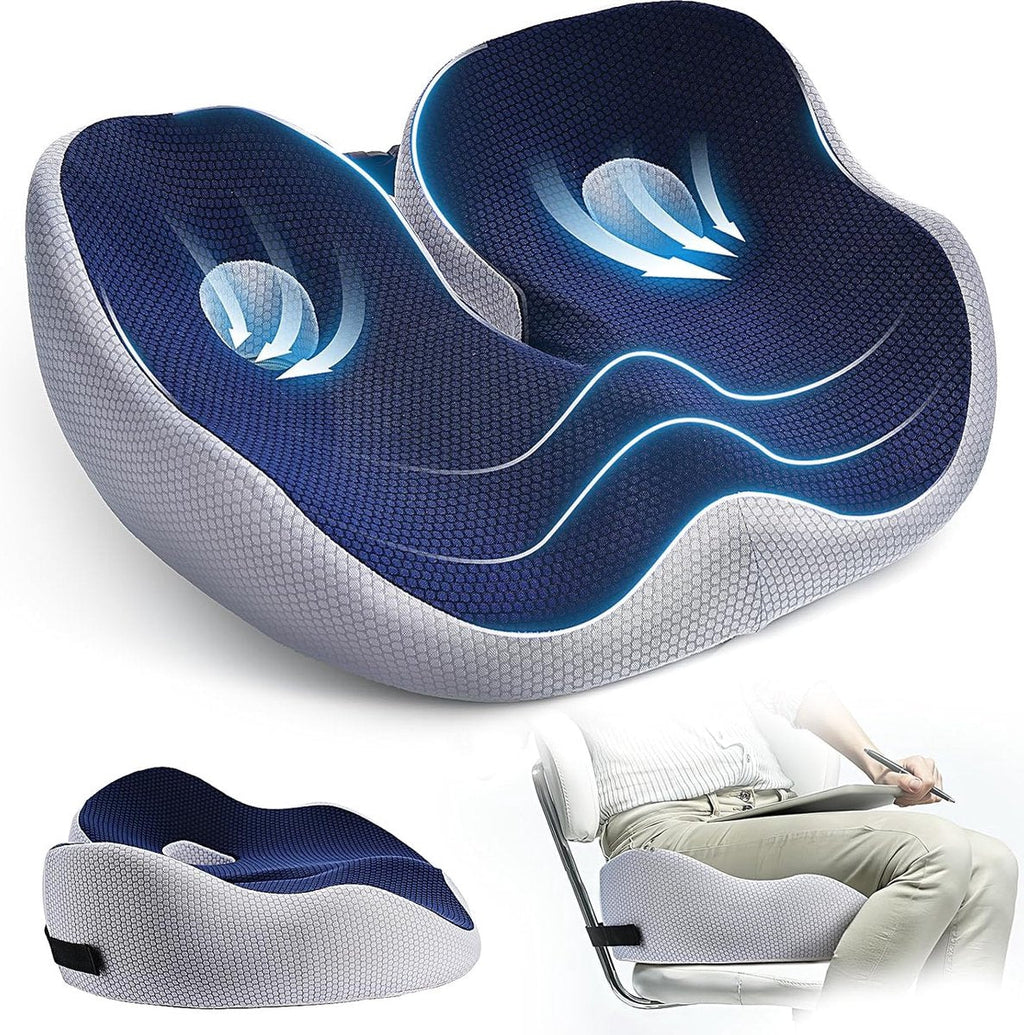 Memory Foam Seat Cushion, Ergonomic Chair Cushion with Coccyx Cut-Out, Washable Cover and Non-Slip Base, 16.9 x 14.2 x 3