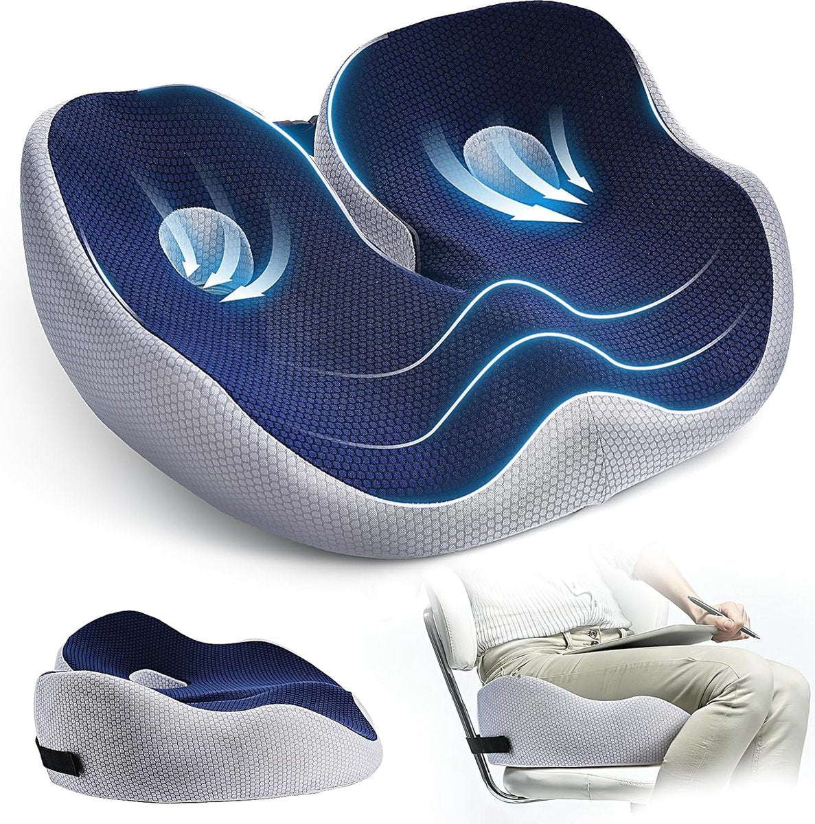Memory Foam Seat Cushion, Ergonomic Chair Cushion with Coccyx Cut-Out, Washable Cover and Non-Slip Base, 16.9 x 14.2 x 3