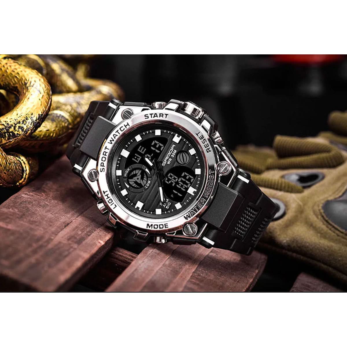 Men’s Military Watch with Analog Digital Display and Features