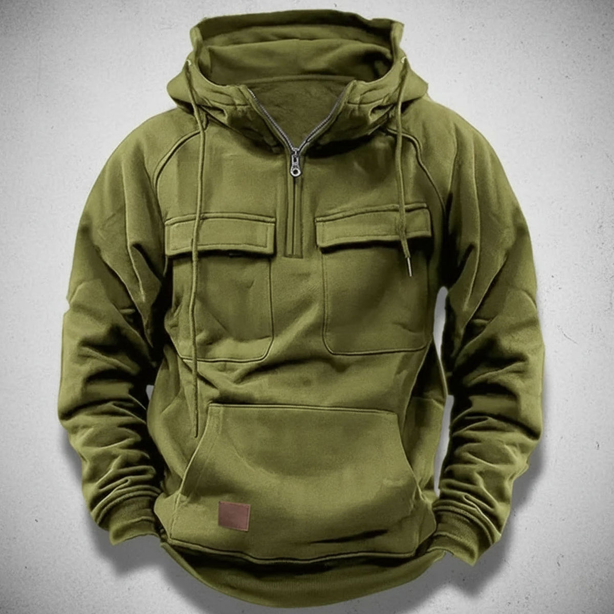 Men's half zip hoodie with brushed fleece lining, flap chest pockets and kangaroo pocket, 5 colors, sizes S to 3XL