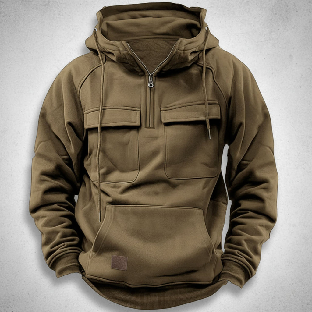 Men's half zip hoodie with brushed fleece lining, flap chest pockets and kangaroo pocket, 5 colors, sizes S to 3XL