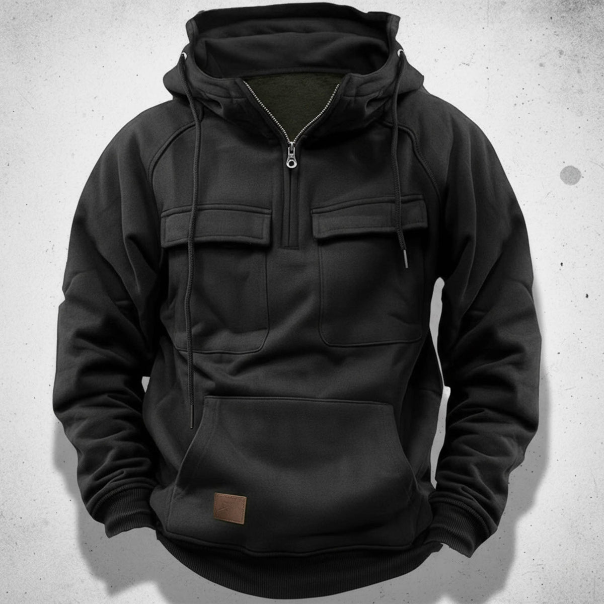 Men's half zip hoodie with brushed fleece lining, flap chest pockets and kangaroo pocket, 5 colors, sizes S to 3XL