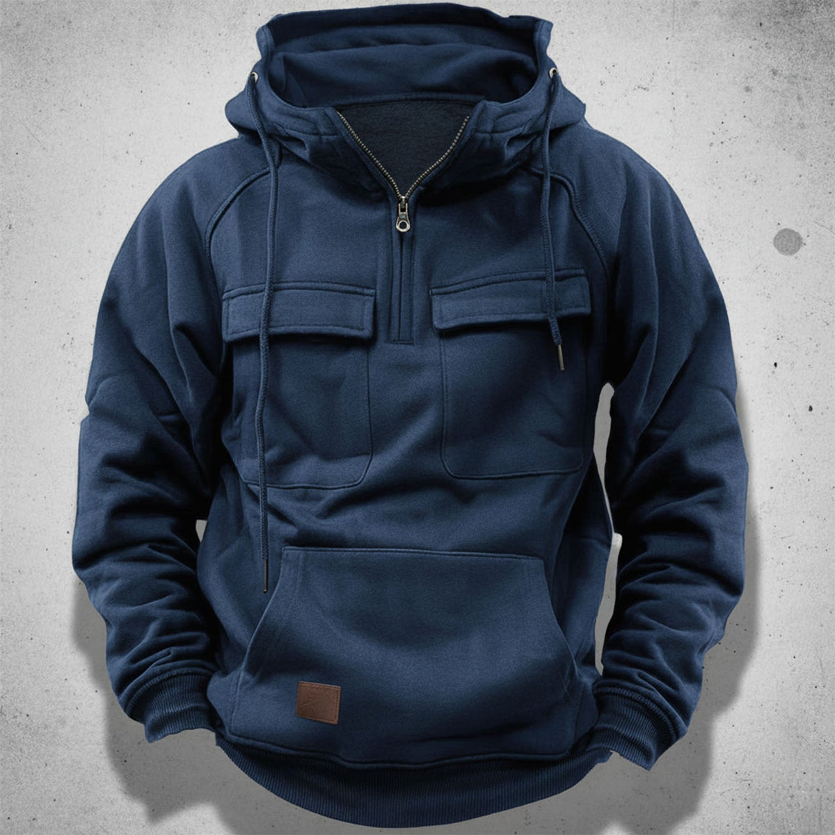 Men's half zip hoodie with brushed fleece lining, flap chest pockets and kangaroo pocket, 5 colors, sizes S to 3XL