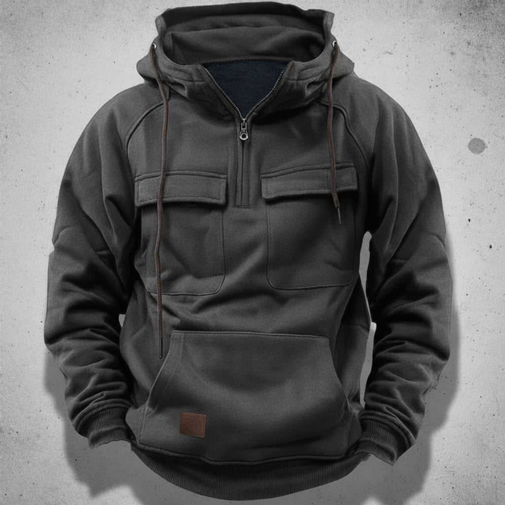 Men's half zip hoodie with brushed fleece lining, flap chest pockets and kangaroo pocket, 5 colors, sizes S to 3XL