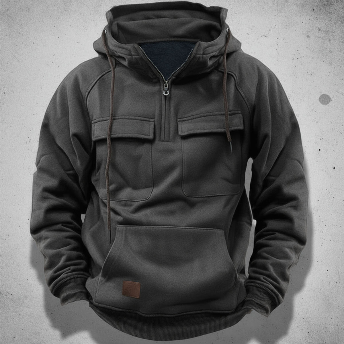 Men's half zip hoodie with brushed fleece lining, flap chest pockets and kangaroo pocket, 5 colors, sizes S to 3XL