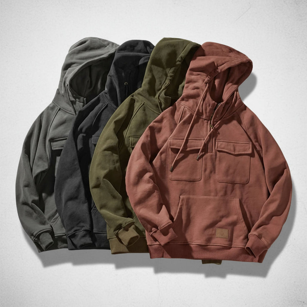 Men's half zip hoodie with brushed fleece lining, flap chest pockets and kangaroo pocket, 5 colors, sizes S to 3XL