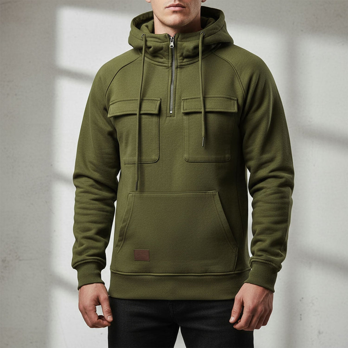 Men's half zip hoodie with brushed fleece lining, flap chest pockets and kangaroo pocket, 5 colors, sizes S to 3XL