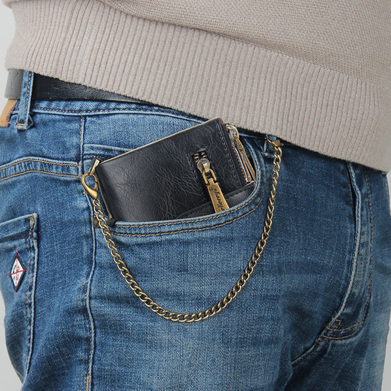 Men's RFID Blocking Wallet with Chain – Retro Bifold Leather Card Holder