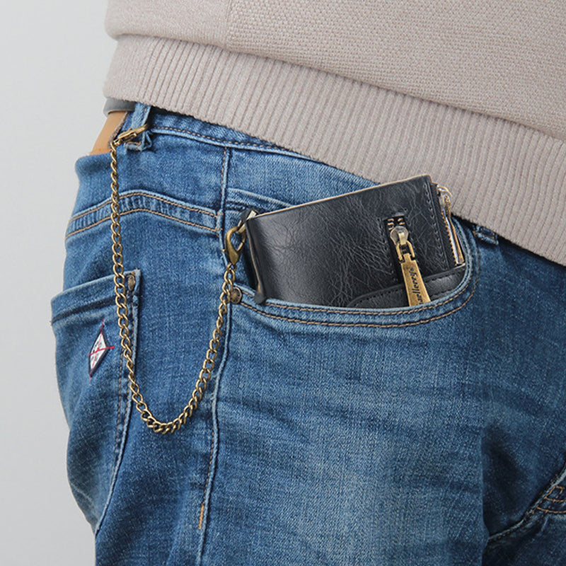 Men's RFID Blocking Wallet with Chain – Retro Bifold Leather Card Holder