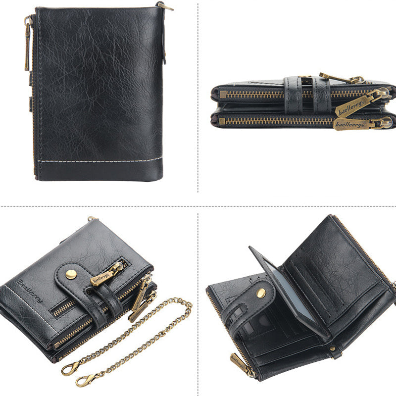 Men's RFID Blocking Wallet with Chain – Retro Bifold Leather Card Holder