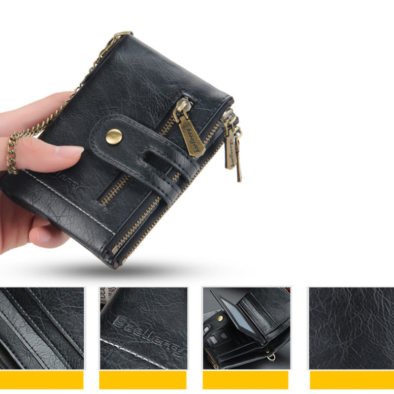 Men's RFID Blocking Wallet with Chain – Retro Bifold Leather Card Holder