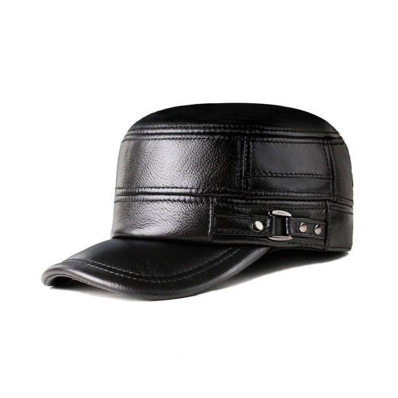 Men's Winter Leather Hat with Lambskin Ear Flaps and Flat Top