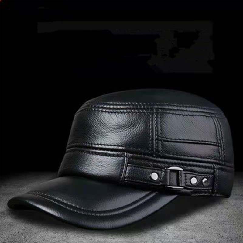 Men's Winter Leather Hat with Lambskin Ear Flaps and Flat Top