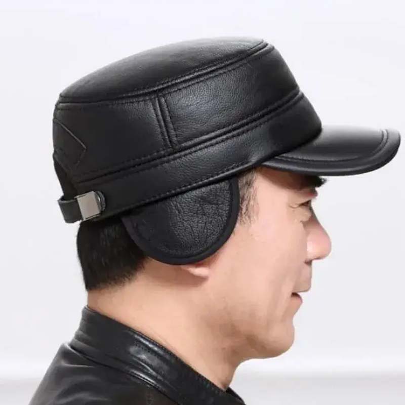 Men's Winter Leather Hat with Lambskin Ear Flaps and Flat Top