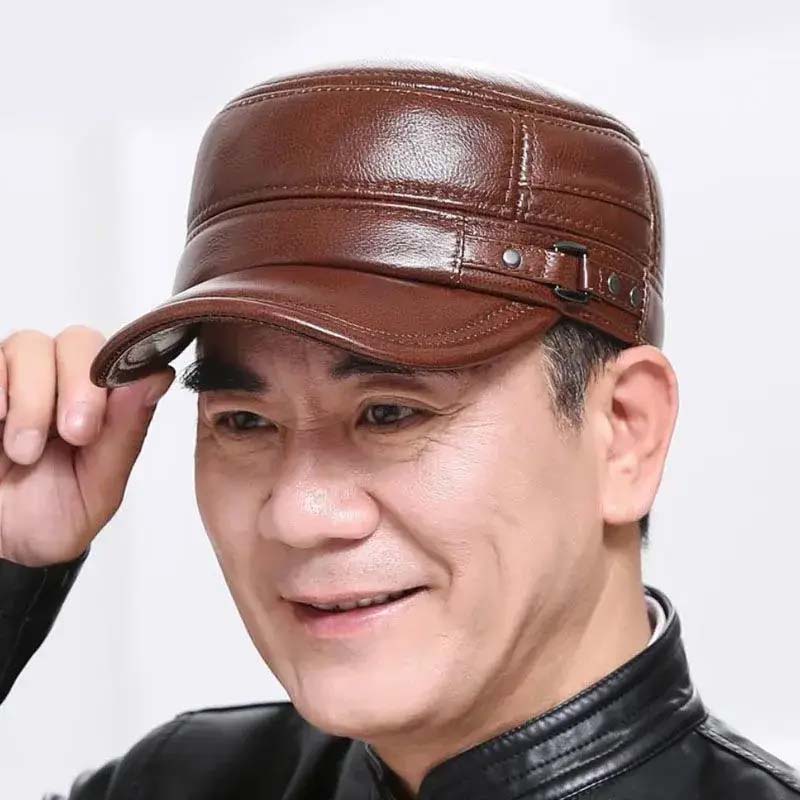 Men's Winter Leather Hat with Lambskin Ear Flaps and Flat Top